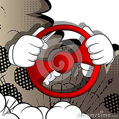 Cartoon hands driving, holding a steering wheel. Vector Illustration