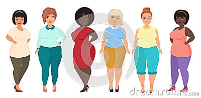 Vector Cartoon happy and smiling plus size woman females. Curvy, overweight girl in casual dress clothes. Vector Illustration