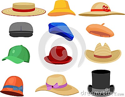 Vector Cartoon headgears. Hats fashion clothes, man and woman headwear, summer female straw hat, retro cap. Fashion head Vector Illustration