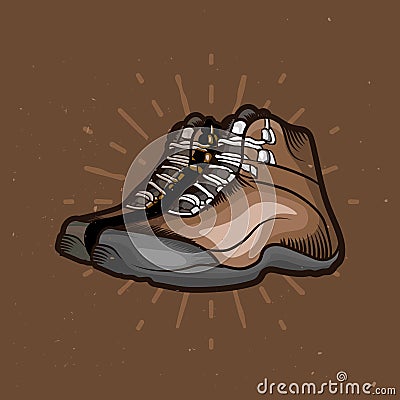 Vector cartoon hiking shoes. Trekking boots with sunburst on the background. Vector Illustration