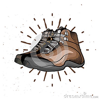 Vector cartoon hiking shoes. Trekking boots with sunburst on the background. Vector Illustration