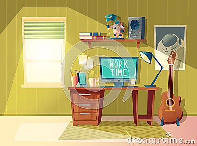 Vector cartoon home office interior, workplace Vector Illustration