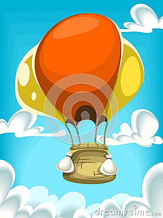 Vector cartoon hot air balloon flying in the blue cloudy sky Vector Illustration