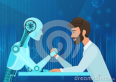 Vector cartoon Human businessman office manager man vs robot artificial intelligence pulling rope competition. Near Vector Illustration