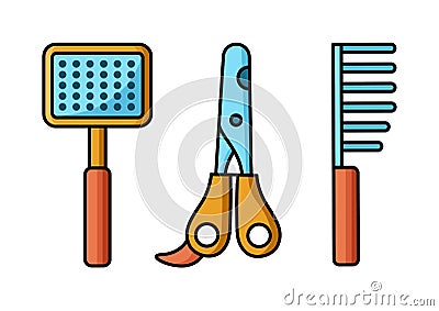 Vector cartoon icons of cat care objects. Isolated brush, comb and clew scissors on white Vector Illustration