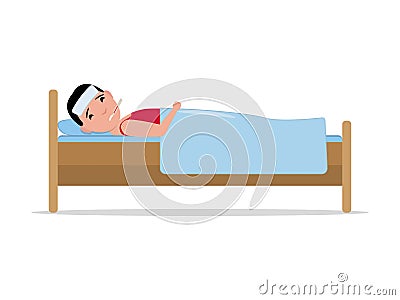 Vector cartoon ill sick man lying in bed with flu Vector Illustration