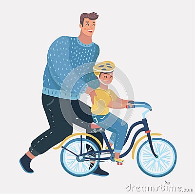 Father teaching his son to ride a bicycle Vector Illustration