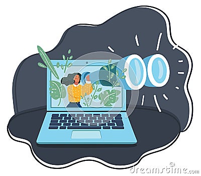 Woman with binocular on laptops screen in the night Vector Illustration