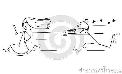 Vector Cartoon Illustration of Amorous Man in Love Running and Chasing Woman or Girl With Flower and Hearts. Concept of Vector Illustration