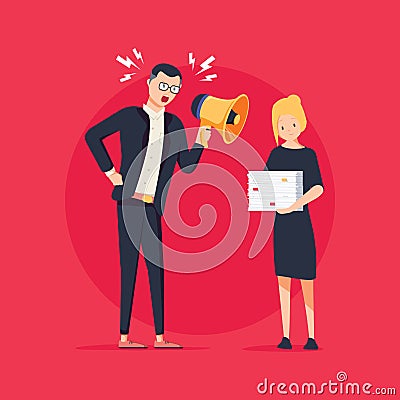 Vector cartoon illustration of angry boss and frightened employee. Man standing near the table, woman with papers Vector Illustration