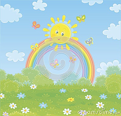 Smiling sun and a colorful rainbow Vector Illustration