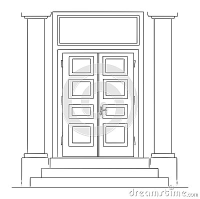 Vector Cartoon Illustration of Bank or Government Institution Classic Closed Door or Entrance With Pillars and Stairs Vector Illustration