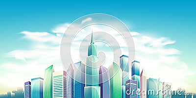 Vector cartoon illustration, banner, urban background with modern big city buildings Vector Illustration