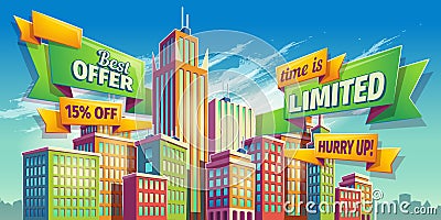 Horizontal vector cartoon illustration, banner, urban background with city landscape Vector Illustration