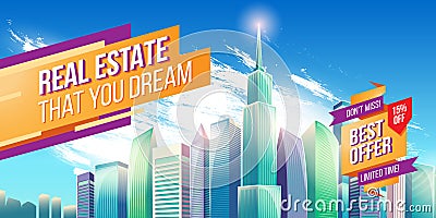 Vector cartoon illustration, banner, urban background with modern big city buildings Vector Illustration