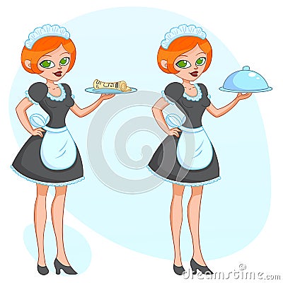 Vector cartoon illustration - Beautiful cute funny girl waitress maid brings the order newspaper Cartoon Illustration