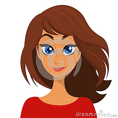 Vector cartoon illustration of a beautiful woman portrait with long brown hair and red dress. Top-model girl Vector Illustration