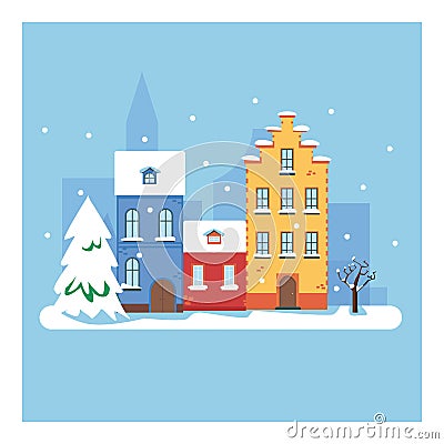 Winter city. Vector cartoon illustration of Christmas town illustration. Winter landscape. Greeting card with fairy tale houses. S Cartoon Illustration