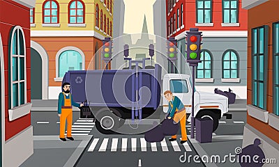 Vector cartoon city crossroad with garbage truck Vector Illustration