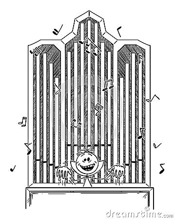 Vector Cartoon Illustration of Crazy Evil Madman or Maniac Laughing and Playing Organ Vector Illustration