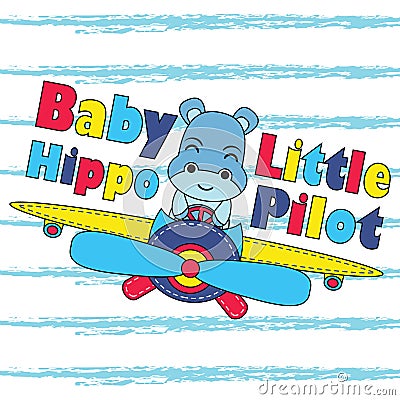 Vector cartoon illustration with cute baby hippo as little pilot on striped background Vector Illustration