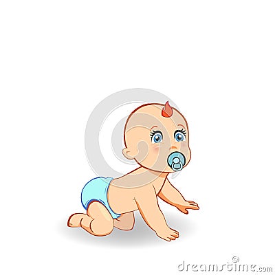 Cartoon crawling baby boy in blue diaper with pacifier isolated Vector Illustration