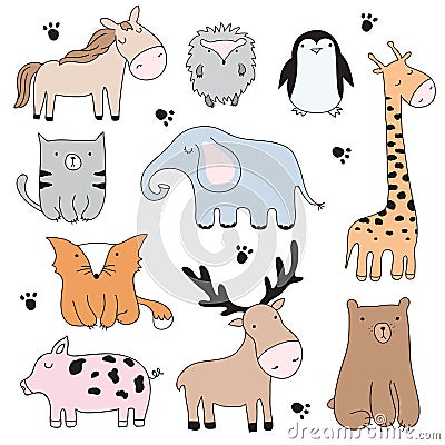 Vector cartoon illustration with cute doodle animals. Perfect se Vector Illustration