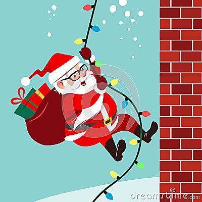 Vector cartoon illustration of cute friendly Santa Claus climbing a rope of string Christmas lights up brick wall carrying bag Vector Illustration