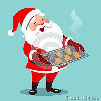 Vector cartoon illustration of cute happy Santa standing, holding baking sheet with Christmas tree shaped cookies. Christmas cook Vector Illustration