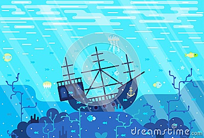 Vector cartoon illustration of deep seafloor with marine wildlife and shipwrecked boat Vector Illustration