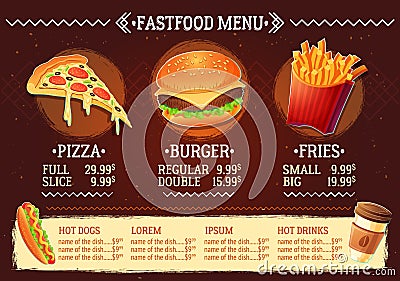Vector cartoon illustration of a design fast food restaurant menu Vector Illustration
