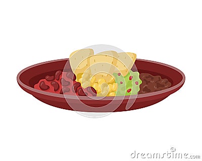 Vector illustration of a dish with mexican food, beans, corn, guacamole and nachos isolated on white Vector Illustration