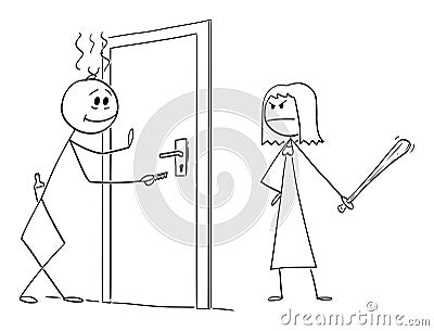 Vector Cartoon Illustration of Drunk Man Returning Home. Angry Wife is Waiting for Him. Concept of Alcoholism. Vector Illustration