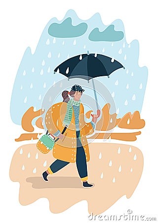 Fall girl walking in the rain Vector Illustration