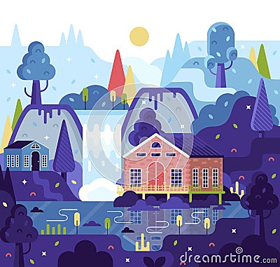 Vector cartoon illustration in flat cartoon stile, suburban family home, mountains, waterfall, trees. House on stilts Vector Illustration