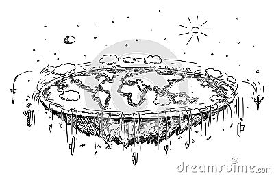 Vector Cartoon Illustration of Flat Earth in Space, Concept or Flat Earth Conspiracy or Theory, Ships and Aircraft Are Vector Illustration