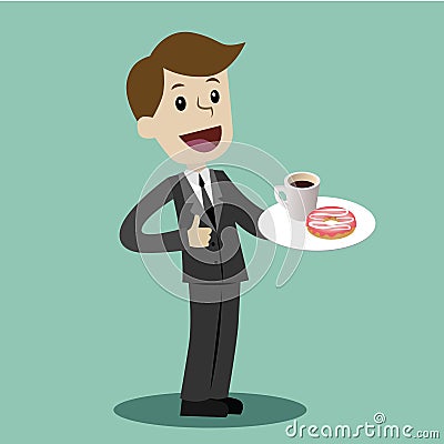 Businessman drinking coffee with donat during the break - vector illustration Vector Illustration