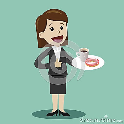 Businesswoman drinking coffee with donat during the break - vector illustration Vector Illustration