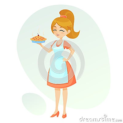 Vector cartoon illustration Friendly lady showing her home made pie retro cute woman holding a hot pie Cartoon Illustration