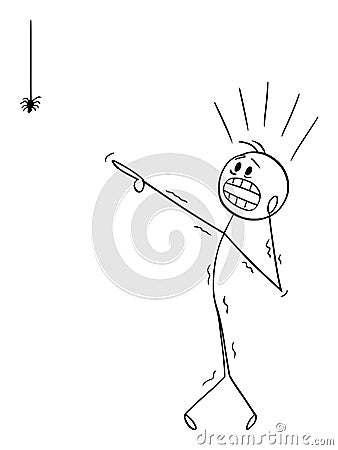Vector Cartoon Illustration of Frightened Man With Arachnophobia Watching Small Spider and Undergoes Panic Attack Vector Illustration