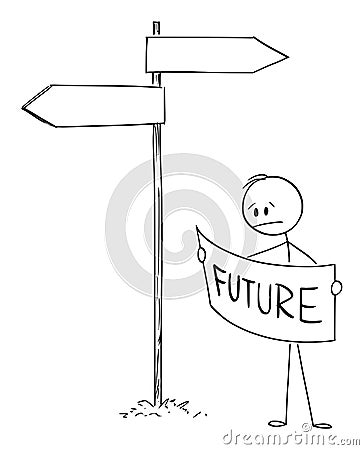 Vector Cartoon Illustration of Frustrated Man or Businessman on Crossroad Looking for Way Forward to Future in Map Vector Illustration