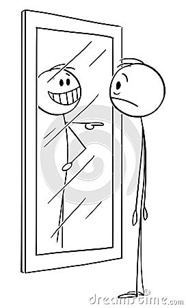 Vector Cartoon Illustration of Frustrated Man With Low Confidence or Self Esteem Looking at Mirror, His Reflection Is Vector Illustration