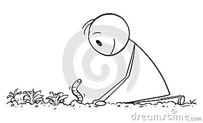 Vector Cartoon Illustration of Gardener or Farmer Looking at Earthwork or Dew Worm on Field or Garden Bed Vector Illustration