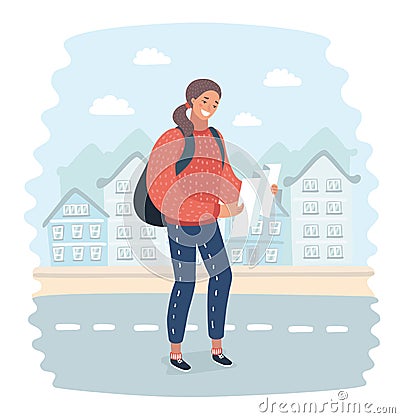 A girl sits on a bench and looks at a map of the city. Vector Illustration