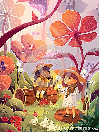 vector cartoon illustration of a girl playing the violin and enjoying the beauty of spring under the flowers Vector Illustration