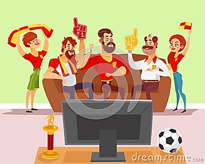 Vector cartoon illustration of a group of friends watching a football match on TV Vector Illustration