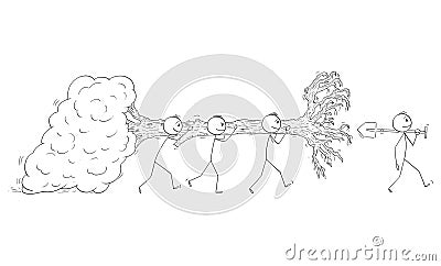 Vector Cartoon Illustration of Group of Men Carrying or Moving Full-grown Tree Going to Plant or Replant it Vector Illustration