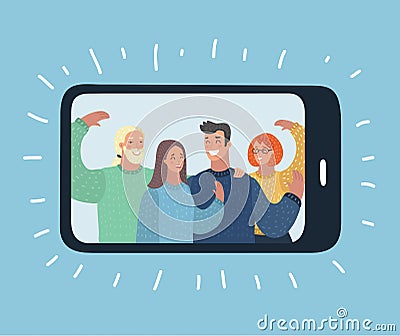 Group people wave from display of smartphone Vector Illustration