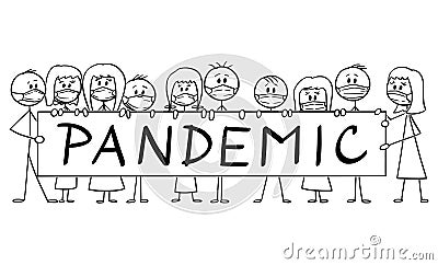 Vector Cartoon Illustration of Group of People Wearing Face Masks Holding Big Coronavirus Pandemic Sign. Epidemic or Vector Illustration