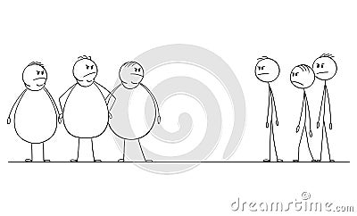 Vector Cartoon Illustration of Group of Thin Men Looking at Crowd of Angry Fat or Obese People Vector Illustration